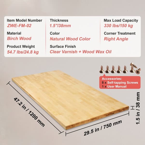 Bordsskiva i massivt trä, Rektangulär Skrivbordsskiva 47,2" x 29,5" x 1,5", Lönnträ, Hållbar och Elegant