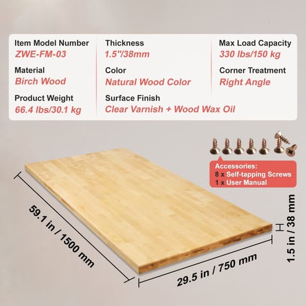 Bordplade i massivt ahorntræ, 59,1" x 29,5" x 1,5", rektangulær, holdbar og stilfuld