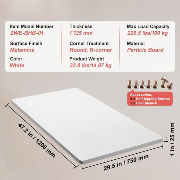 Bordsskiva i trä, rektangulär skrivbordsskiva 47,2"x29,5"x1", spånskiva 220,5 lb, hållbar design, perfekt för hem och kontor