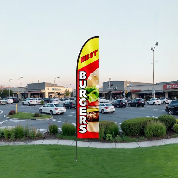 Burgerrestaurant Annoncering Feather Flag Kit, Swooper Flagstænger 16,3 FT, Reklameevent, iøjnefaldende design