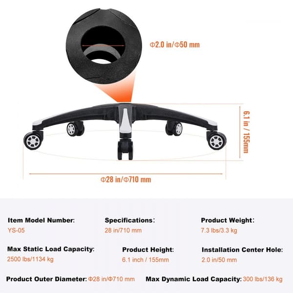 Kontorstolsbase Erstatning 28", Heavy Duty Drejestolsbase, 2500 lbs Kapacitet, Holdbarhed og Stabilitet
