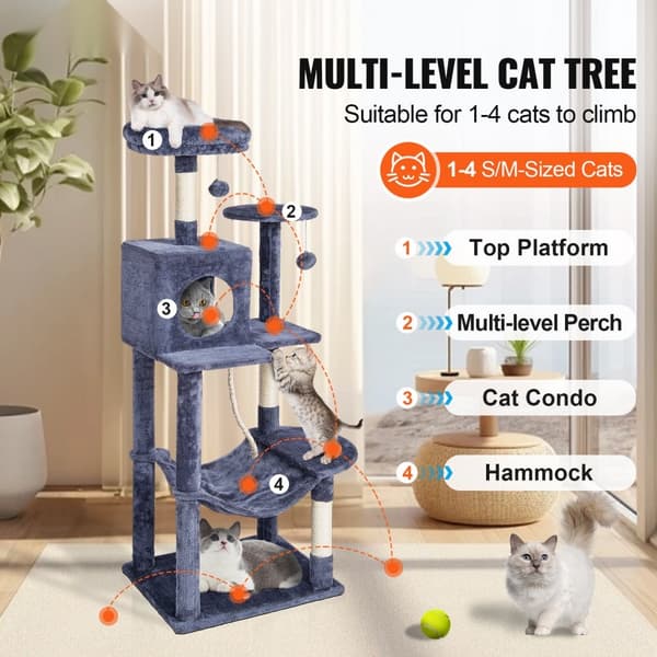 Katte træ 56,2" kat tårn med kat Condo sisal kradsestolpe, mørkegrå, holdbar, multifunktionel, pladsbesparende