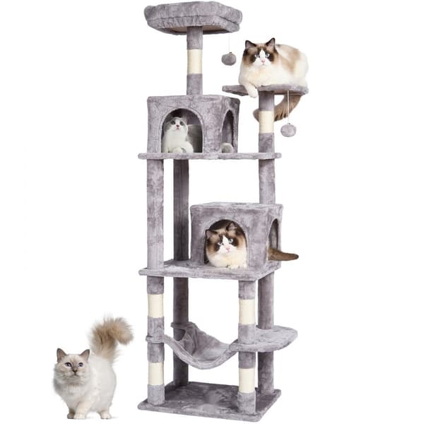 Kissapuu 63", Kissa Tower ja 2 Kissan Asuntoa, Sisal Raaputustolppa, Vaaleanharmaa, Kestävä Design, Helppo Kootta.