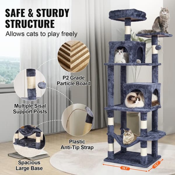 Kattetræ 63", Katteturm med 2 Kattely, Sisal Kradsestolpe, Lysegrå, Holdbart Design
