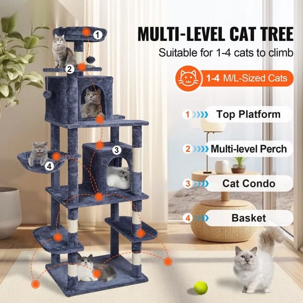 Kattträd 68,5" Kattorn med Kattkondos Sisal Skrapstolpe Mörkgrå, Stabil och Hållbar Design