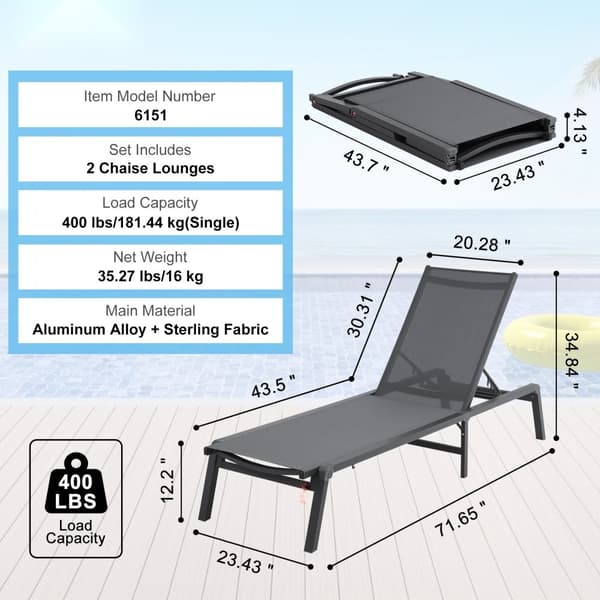 Vikbar Chaise Lounge Stolen för Utomhusbruk, Justerbar 5-position, 2 st