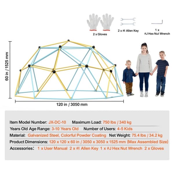 Klattdom, 10FT geometrisk klättringslekplats för barn 3-10 år, Jungle Gym med 750 LBS stöd och enkel montering