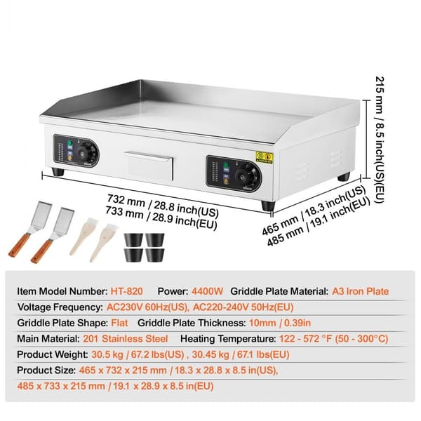 Kommerciel elektrisk bageplade 4400 W, bordplade flad grill, temperaturindstilling 50℃-300℃, hurtig opvarmning, holdbar konstruktion