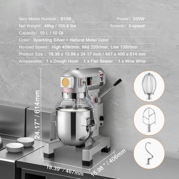 Kommersiel Madblander 10L 3-Hastigheder Stand Mixer 550W til Restaurant