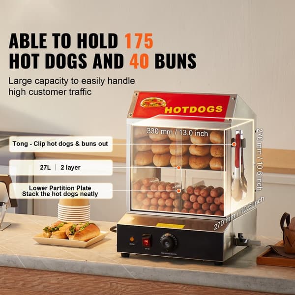 Kommerciel hotdog-damper 2-trins elektrisk bollevarmer 27L med skydedøre, effektiv madlavning, høj kapacitet, hurtig opvarmning