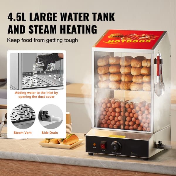 Kaupallinen Hot Dog Steamer, 2-tasoinen sähköinen pullalämmitin, 37L liukuovet, tehokas lämmitys, kestävä rakenne