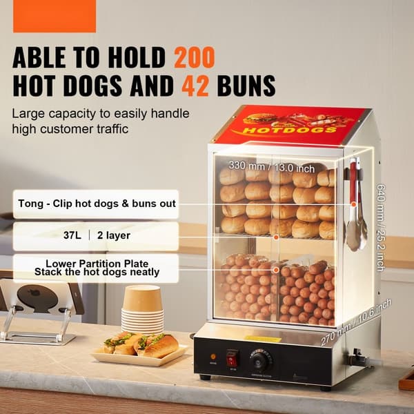 Kaupallinen Hot Dog Steamer, 2-tasoinen sähköinen pullalämmitin, 37L liukuovet, tehokas lämmitys, kestävä rakenne