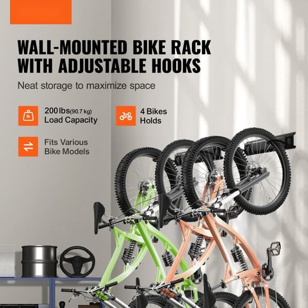 Väggmonterad cykelhållare för garage, plats för 4 cyklar och 2 hjälmar, hållbar och lättinstallerad