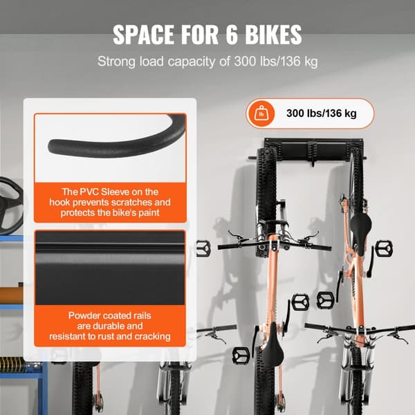 Cykelopbevaringsstativ, vægmonteret garagecykelholder til 6 cykler + 5 hjelme, pladsbesparende design, holdbar konstruktion