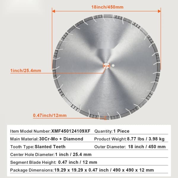 Diamantblad 18 tum betongsågblad, vått eller torrt, 0,47 tum lutande tänder, hög precision, lång livslängd