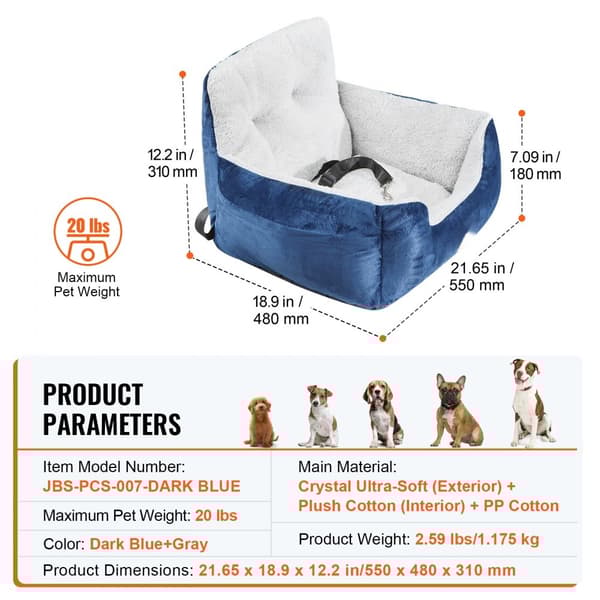 Hundesæde til bil, hundeautostol op til 9 kg, blå og grå, sikkerhed og komfort
