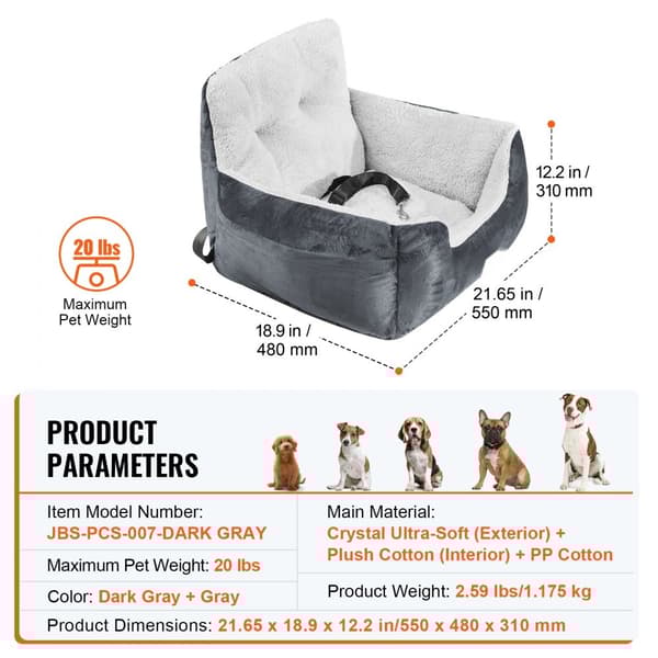 Dog Booster Autostol, Pet Autostol til små hunde op til 9 kg, mørkegrå, komfortabel og sikker hundetransport