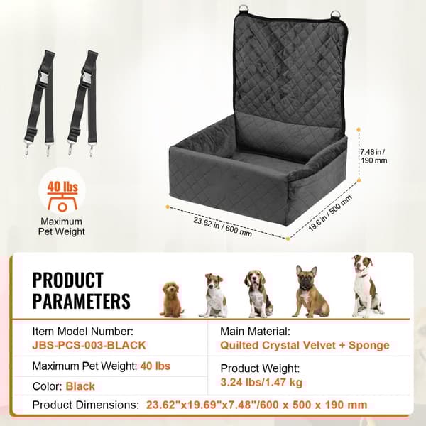 Hundeforstærker Autostol, Pet Autostol til små og mellemstore hunde op til 40 lbs, komfortabel og sikker, sort design