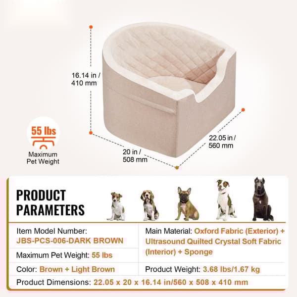 Hundsäkerhetsstol för bil, hundboostersäte för små och medelstora hundar upp till 25 kg, brun