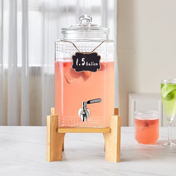 Drikkevaredispenser 1,5 gallon, glass juicedispenser med stativ, rustfrit stål, perfekt til fester, iste og limonade