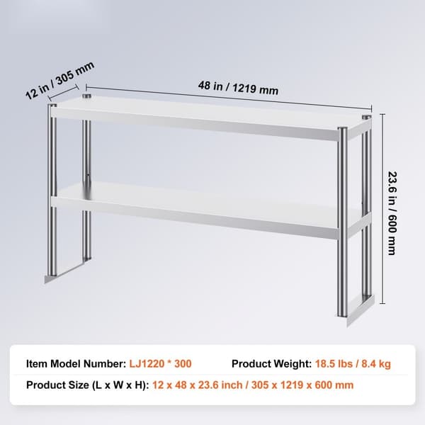 Dubbel överhylla i rostfritt stål, 2-vånings, 12"x48", förberedande bord, hållbar design, enkelt att installera