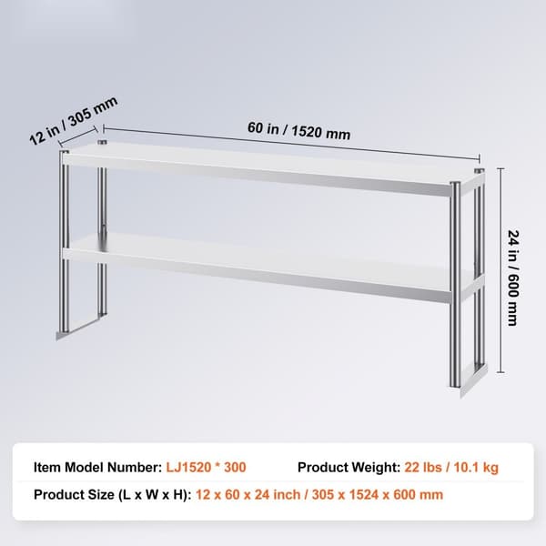 Kaksinkertainen ylähylly ruostumattomasta teräksestä, 2-tasoinen 12"x60" valmistelupöytä, kestävä ja käytännöllinen ratkaisu keittiöön.