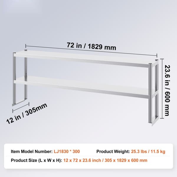 Ruostumattomasta teräksestä valmistettu kaksinkertainen ylähylly, 2-tasoinen, 12"x72", valmistelupöytään täydellinen ratkaisu