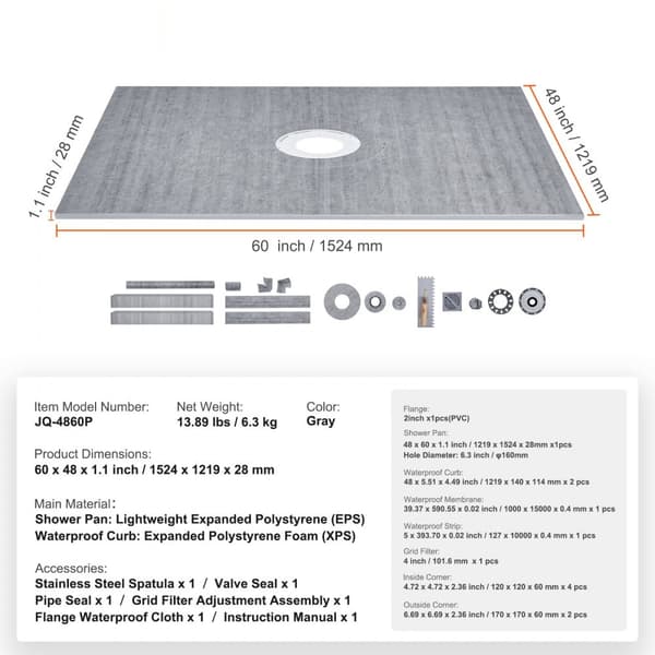 Brusekantsæt 1219x1524 mm, vandtæt membran, rustfrit stålrist, 50,8 mm PVC centralflange, fugemasse, skråstave