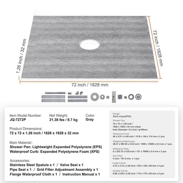 Brusekantssæt 1828x1828 mm, 50,8 mm PVC-centralflange, 101,6 mm rustfrit stål rist, vandtæt brusekant med membran
