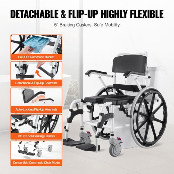 Duschrullstol 17,5 tum, toalettstol i aluminium för funktionshindrade, ergonomisk design, lättviktig och hållbar
