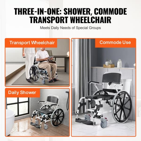 Duschrullstol 17,5 tum, toalettstol i aluminium för funktionshindrade, ergonomisk design, lättviktig och hållbar