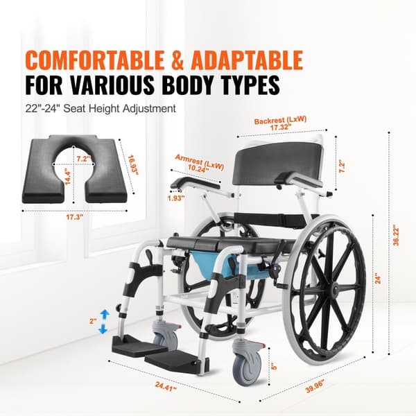 Duschrullstol 17,5 tum, toalettstol i aluminium för funktionshindrade, ergonomisk design, lättviktig och hållbar
