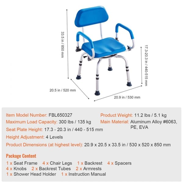 Duschstol 360° vridbar, duschsits med svängbara armar, vadderat säte, 300 LBS belastning