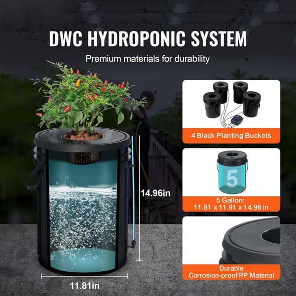DWC Hydroponics Växtsystem Djupvattskultur 4 hinkar med luftpump, effektiv växttillväxt, lättanvänd och energibesparande