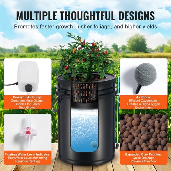 DWC Hydroponics Kasvujärjestelmä, Syvävesiviljely, Ylätiputus, 1 Ämpäri 5 Gallonaa