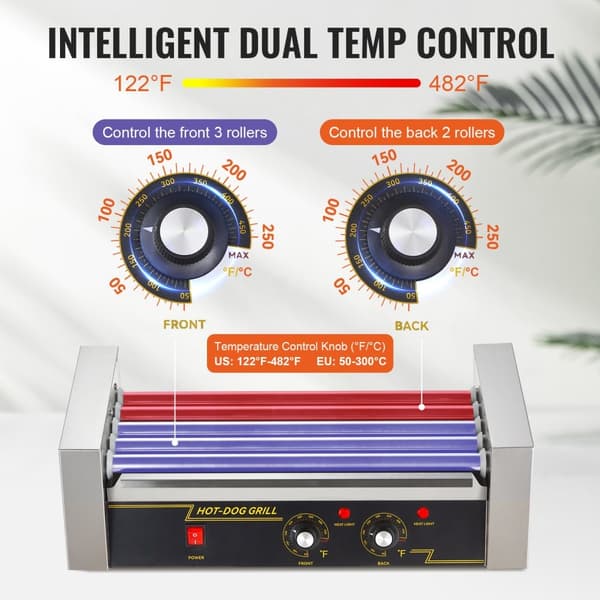 Elektrisk 12 Hotdog 5 Rulle Grill Komfur, Backsplash & Hylde, 1000W, hurtig opvarmning, effektiv madlavning