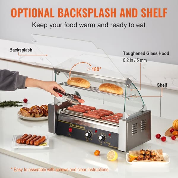 Elektrisk 12 Hotdog 5 Rulle Grill Komfur, Backsplash & Hylde, 1000W, hurtig opvarmning, effektiv madlavning