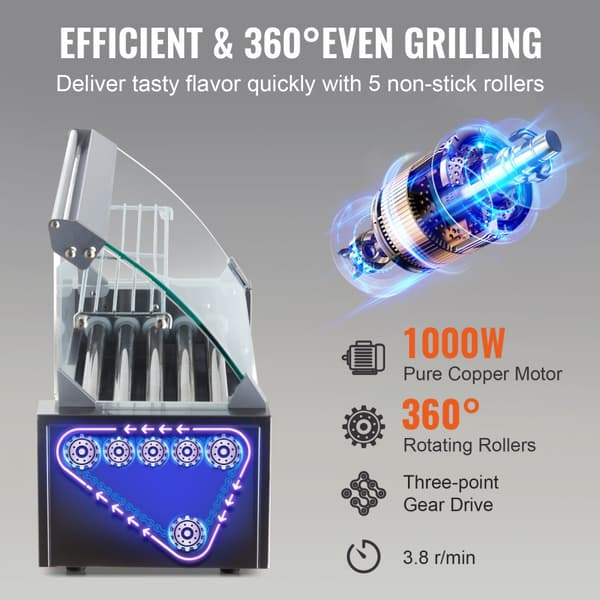 Elektrisk 12 Hotdog 5 Rulle Grill Komfur, Backsplash & Hylde, 1000W, hurtig opvarmning, effektiv madlavning