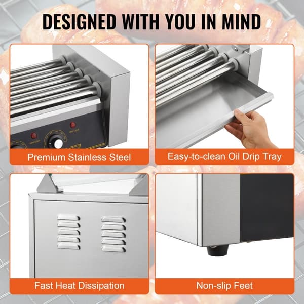 Elektrisk 12 Hotdog 5 Rulle Grill Komfur, Backsplash & Hylde, 1000W, hurtig opvarmning, effektiv madlavning