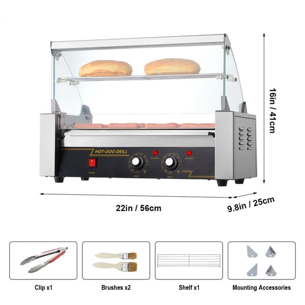 Elektrisk 12 Hotdog 5 Rulle Grill Komfur, Backsplash & Hylde, 1000W, hurtig opvarmning, effektiv madlavning
