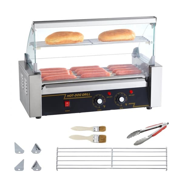 Elektrisk 12 Hotdog 5 Rulle Grill Komfur, Backsplash & Hylde, 1000W, hurtig opvarmning, effektiv madlavning