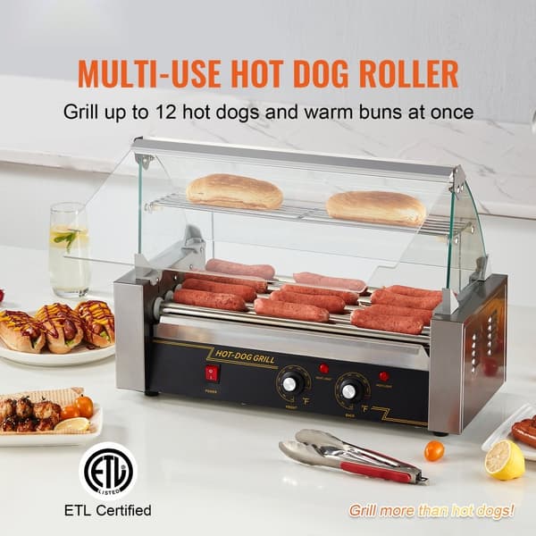 Elektrisk 12 Hotdog 5 Rulle Grill Komfur, Backsplash & Hylde, 1000W, hurtig opvarmning, effektiv madlavning