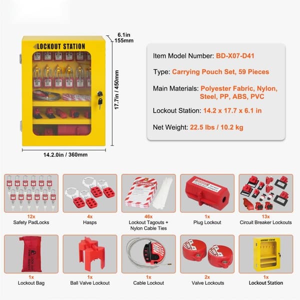 Elektrisk Lockout Tagout Kit, 59 dele sikkerhedspakke med hængelåse, hasper, mærkater, binder, stik lockout, kamafbryder