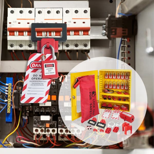 Elektrisk Lockout Tagout Kit, 59 dele sikkerhedspakke med hængelåse, hasper, mærkater, binder, stik lockout, kamafbryder