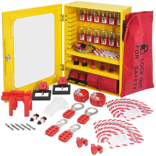 Elektrisk Lockout Tagout Kit, 59 dele sikkerhedspakke med hængelåse, hasper, mærkater, binder, stik lockout, kamafbryder