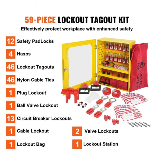 Elektrisk Lockout Tagout Kit, 59 dele sikkerhedspakke med hængelåse, hasper, mærkater, binder, stik lockout, kamafbryder