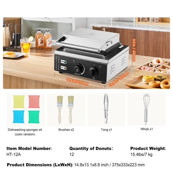 Elektrisk donutmaskine 1550 W, kommerciel non-stick donutmaskine, 12 hullers dobbeltsidet opvarmningsmaskine, skaber 12 donuts