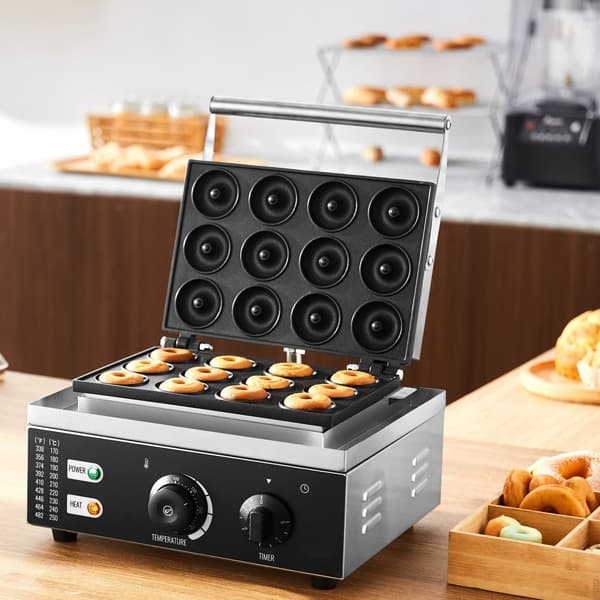 Elektrisk donutmaskine 1550 W, kommerciel non-stick donutmaskine, 12 hullers dobbeltsidet opvarmningsmaskine, skaber 12 donuts