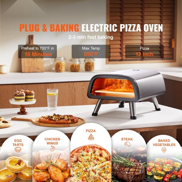 Elektrisk pizzamaskine til bordplade, 12" pizzaovn til indendørs og udendørs brug, hurtig opvarmning, robust design