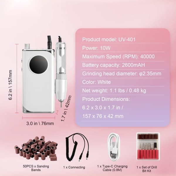Elektrisk ledningsfri negleboremaskine 40000RPM, neglefilmaskine med LCD-display, professionel manicure, hurtig opvarmning, justerbar hastighed